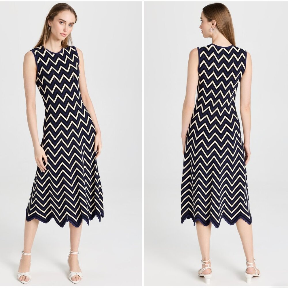 Shoshanna Navy and Cream Zigzag Midi Dress